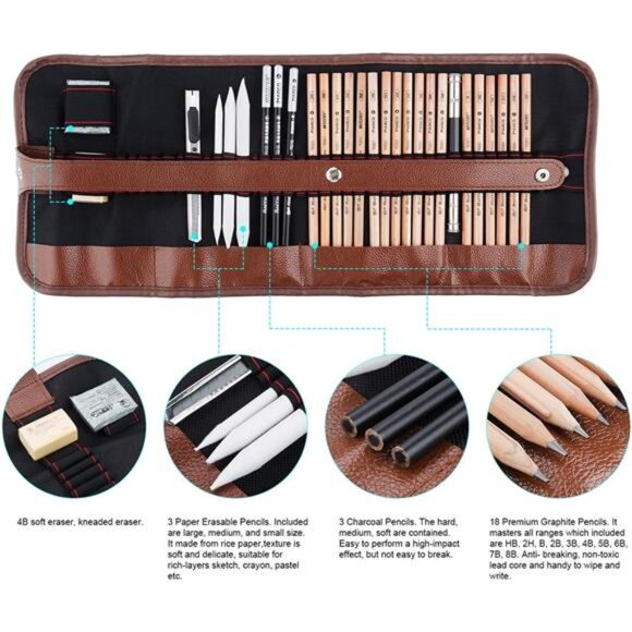 29 Pieces Professional Sketching & Drawing Art Tool Kit With Graphite Pencils, - Picture 2 of 7